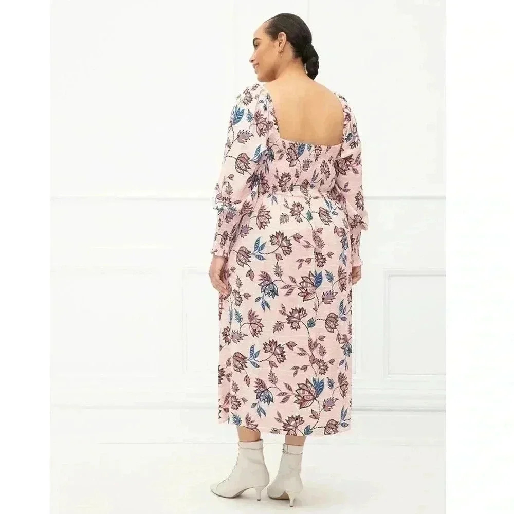 Eloquii Elements Pink Floral Dress Sz 18-20 (2X) Midi Smocked Cottagecore - Picture 2 of 10